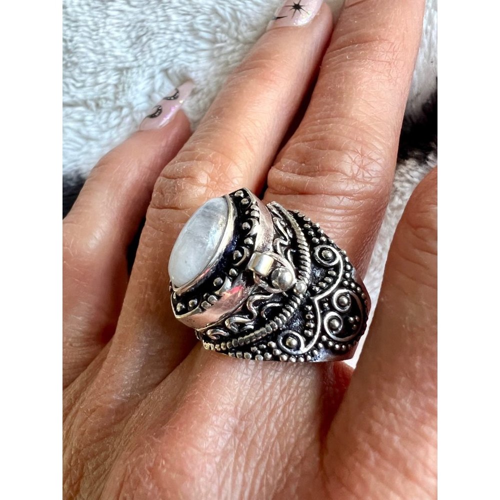 925 Rainbow FLASH Moonstone Poison Ring 9.5, - Picture 13 of 13